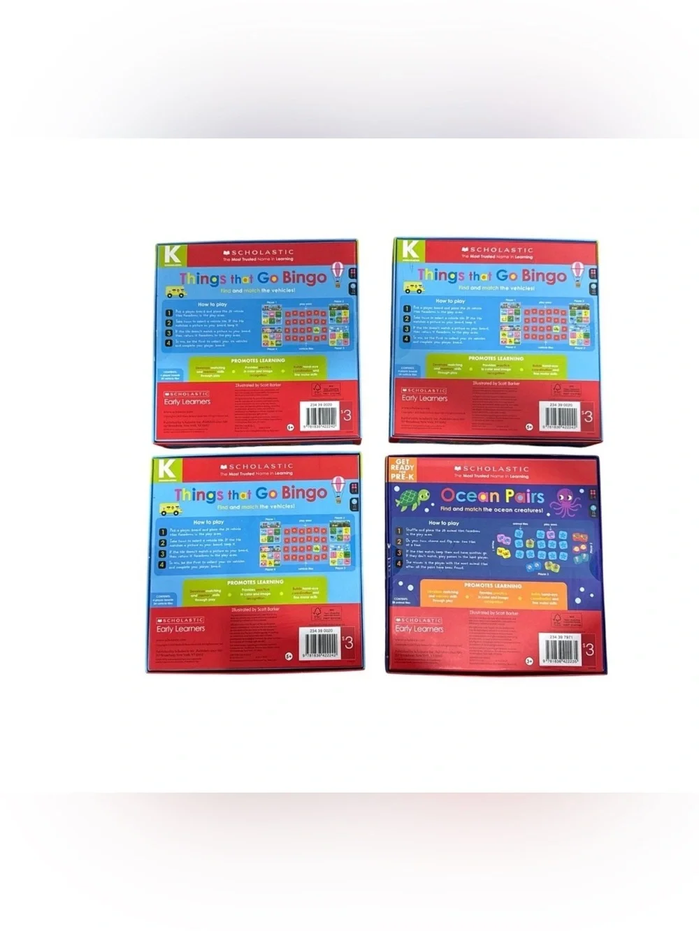 Scholastic Bright Blue & Red Kids Game Boxes - Bingo and Ocean Pairs